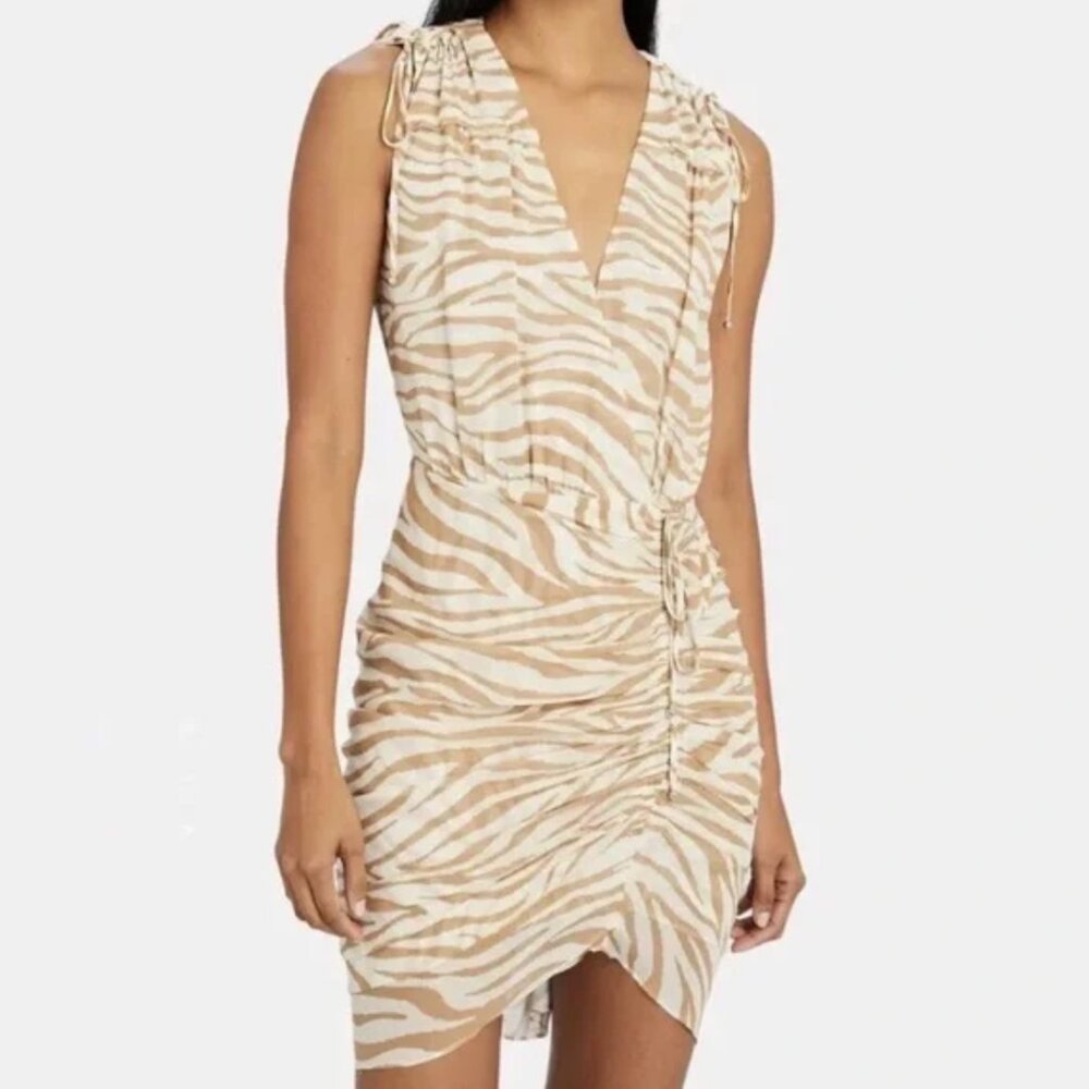 Veronica Beard Dress Silk Soheyla Ruched Zebra Mini Dress Sz 0 EUC Tan & White